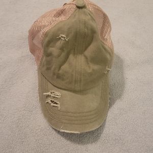 Distressed Olive Green & Blush Mesh Trucker Cap
